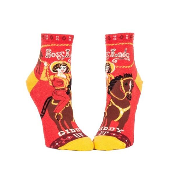 NEW Blue Q Boss Lady Ankle Socks Sz 5-10 Red Yellow Cowgirl Giddy Up Novelty Fun - Picture 1 of 6